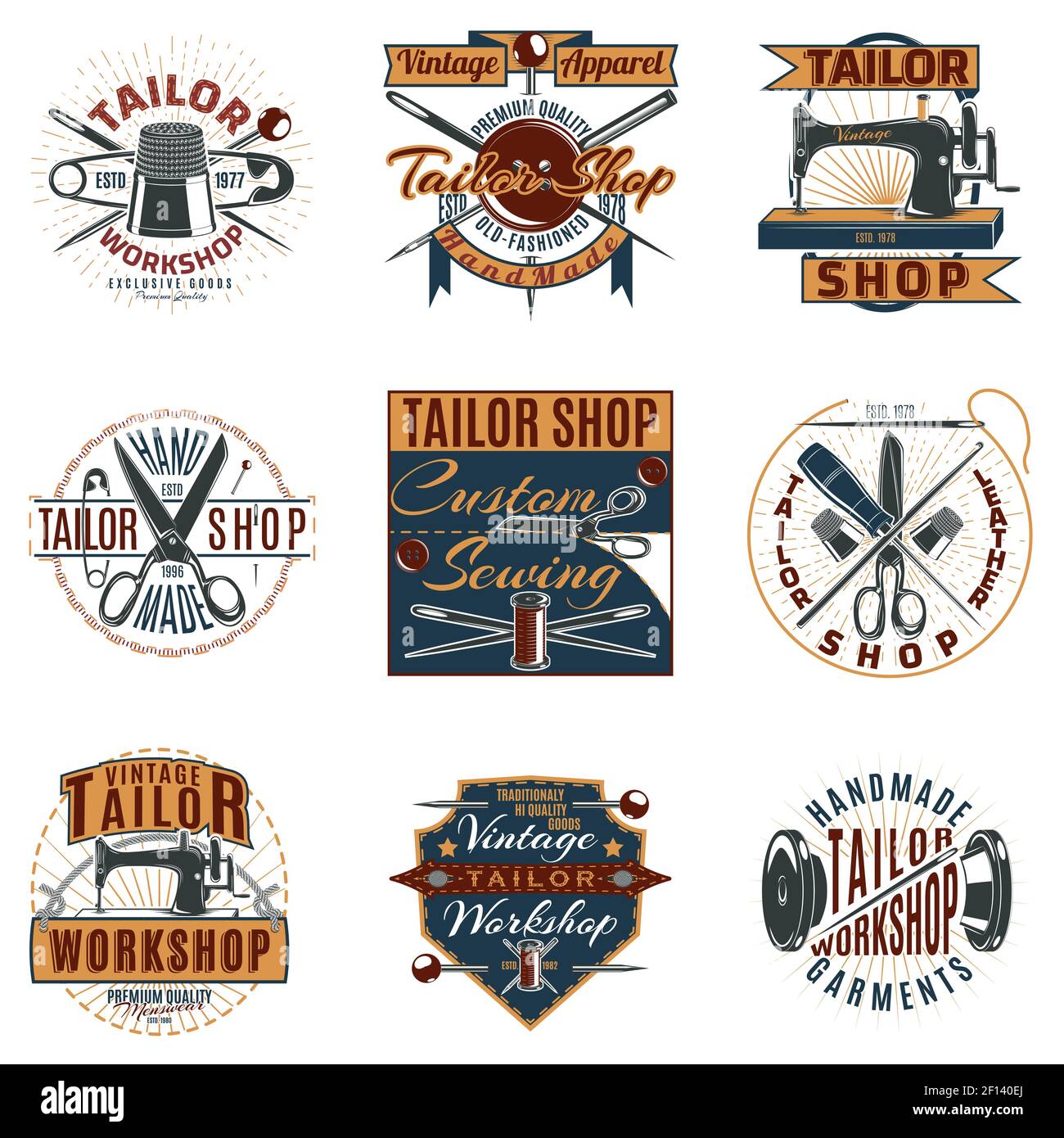 Logotipos de colores de alta calidad de la tienda con inscripciones  herramientas de costura y accesorios en estilo vintage ilustración  vectorial aislada Imagen Vector de stock - Alamy