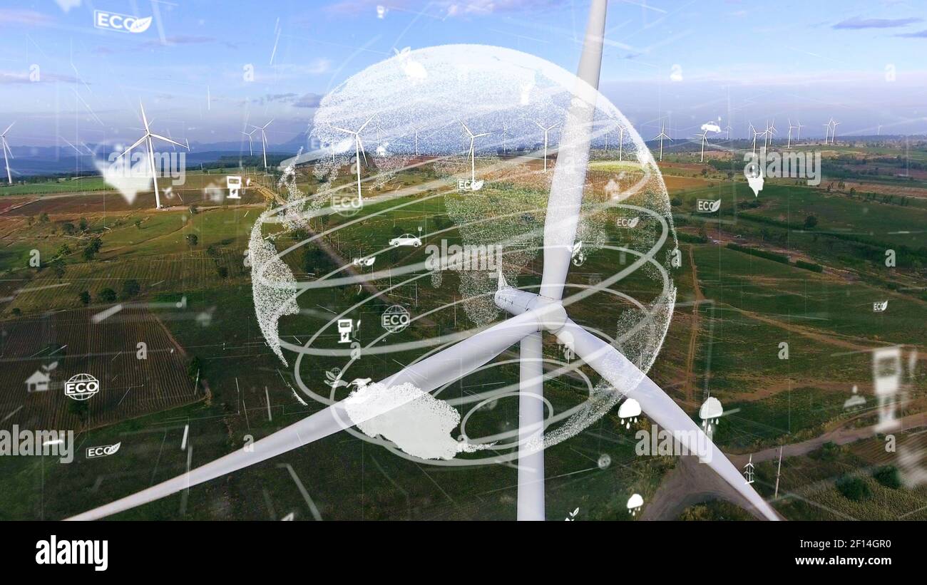 Desarrollo futuro de la conservación del medio ambiente y la modernización de las energías renovables mediante el uso tecnología de recursos sostenibles para reducir la contaminación y. Foto de stock