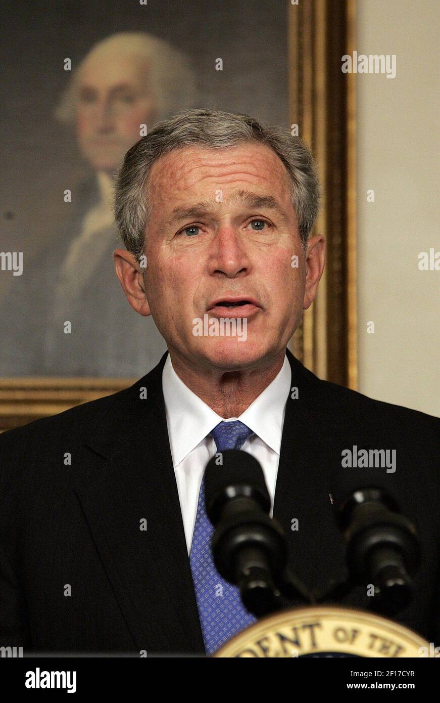 El Presidente Bush hace una declaración sobre la economía en la Sala de Recepción Diplomática de la Casa Blanca en Washington, D.C., el viernes 7 de abril de 2006 (Chuck Kennedy/KRT) Foto de stock
