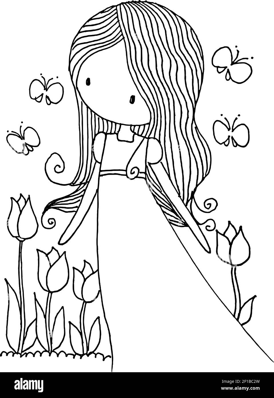 vector dibujos animados negro y blanco niña con flores y mariposa  Fotografía de stock - Alamy