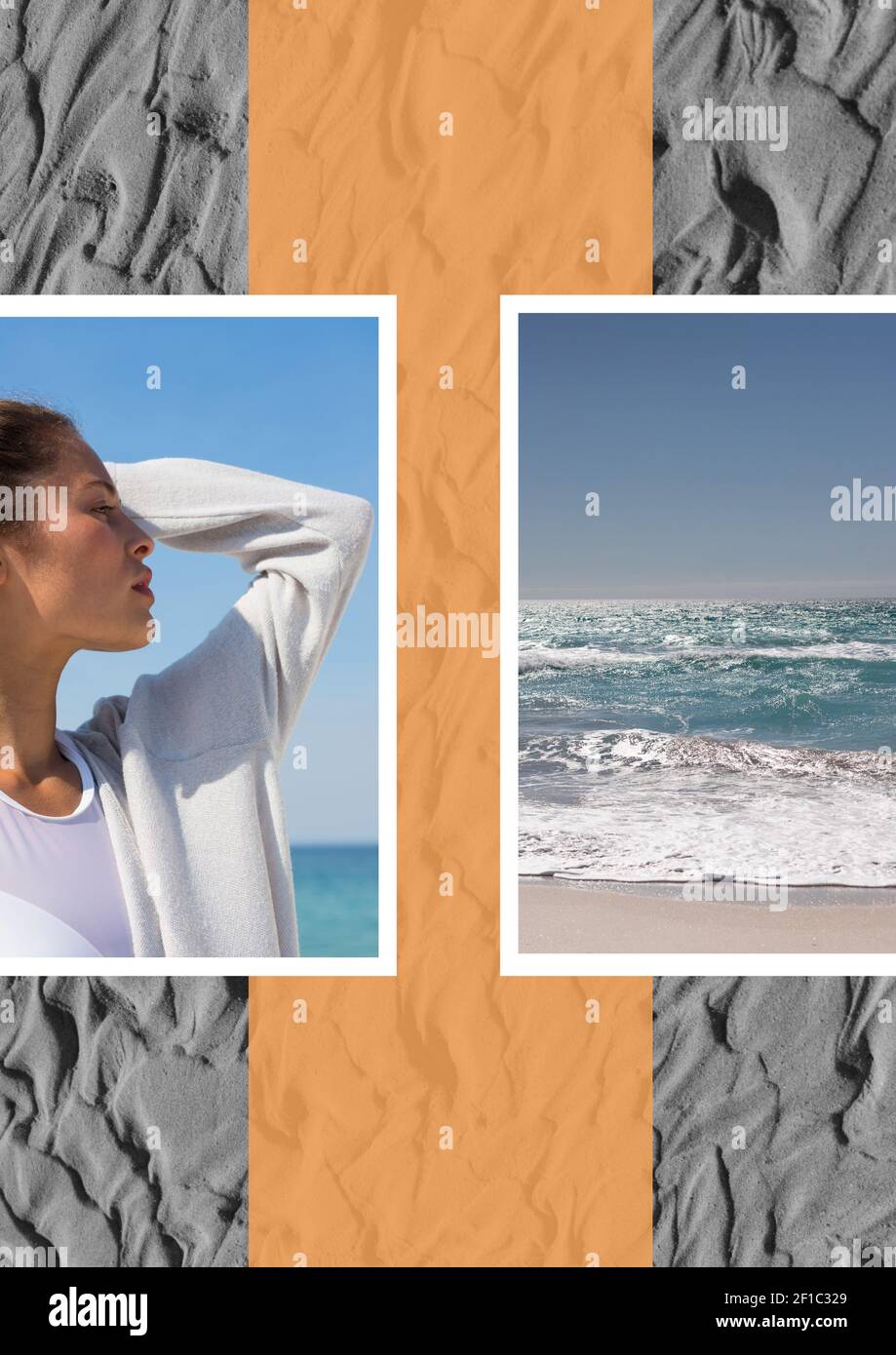 Composición del perfil de la mujer caucásica en la costa con el mar imagen e imágenes de arena en el fondo Foto de stock