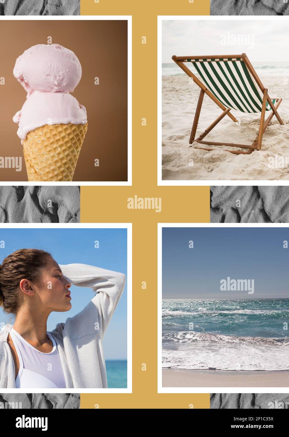 Composición de cuatro imágenes de playa y mar con helado mujer en el perfil y la arena Foto de stock
