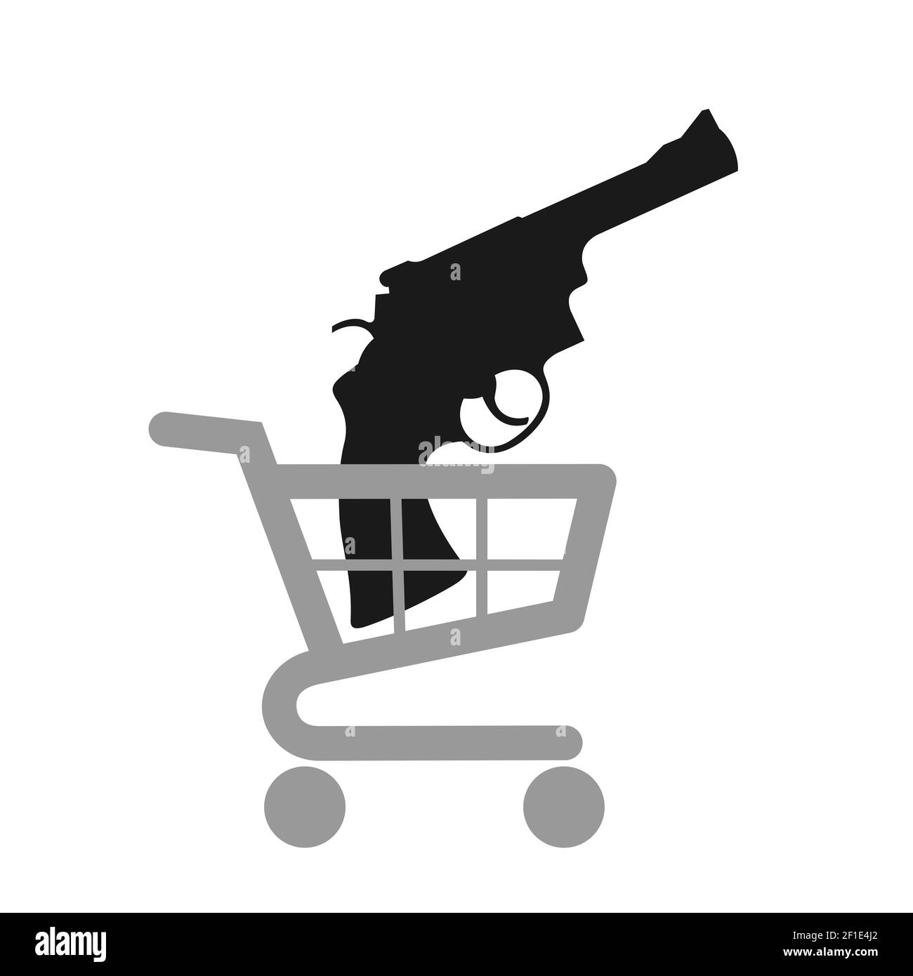 Carro de compras y carro con revólver y pistola - comprar un arma y un arma. Ilustración vectorial aislada sobre blanco. Foto de stock