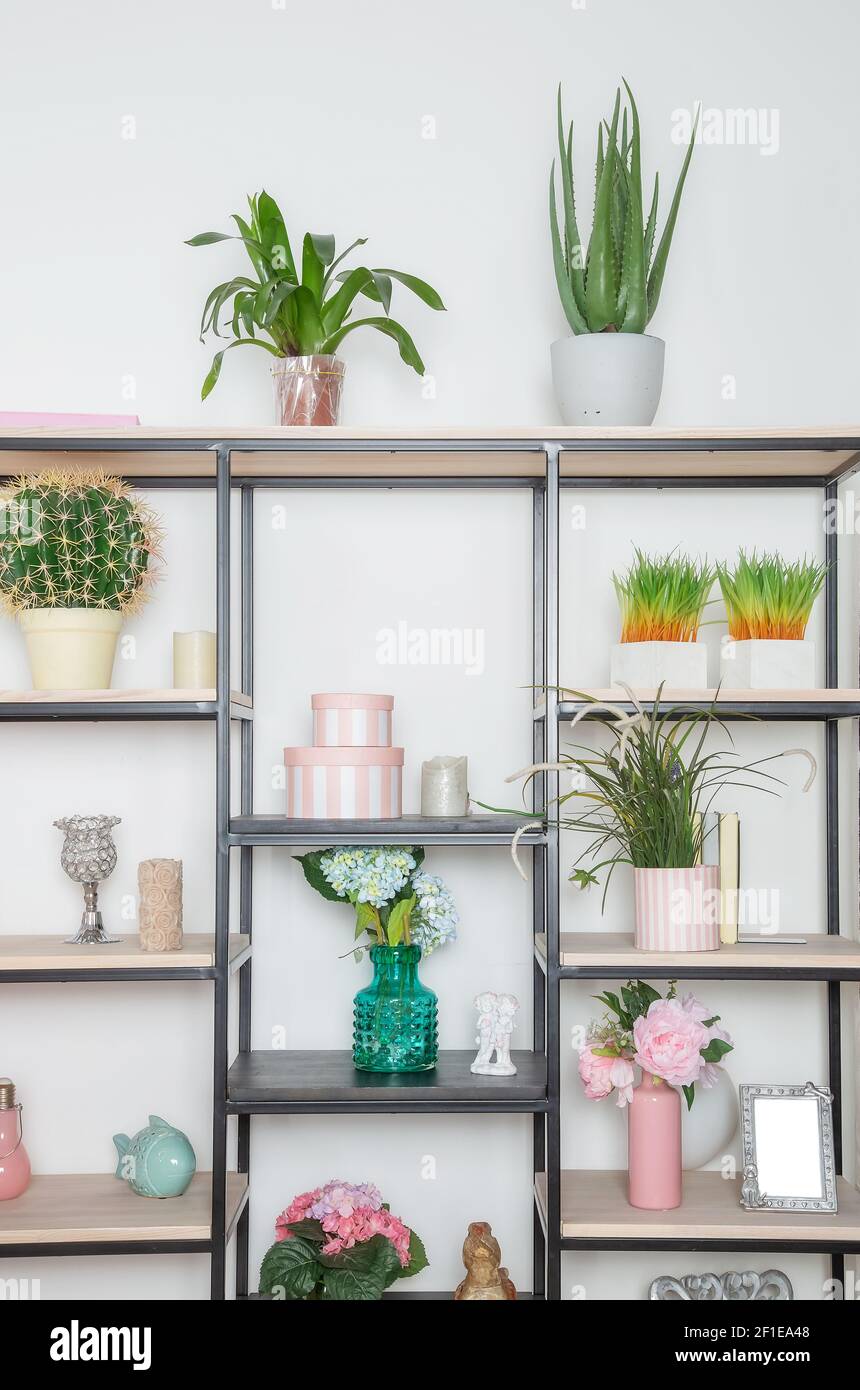 Flores y decoraciones decorativas en un estante de metal en el Estilo de  minimalismo en la sala de estar en un escandinavo estilo Fotografía de  stock - Alamy