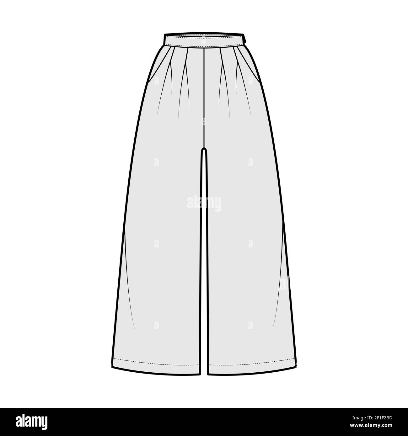 Pantalones culotte palazzo ilustración técnica de moda con cintura normal,  talle alto, pliegues dobles, longitud de pantorrilla, bolsillos, piernas  anchas. Pantalón plano plantilla frontal color blanco. Mujeres hombres  unisex CAD mascup Imagen