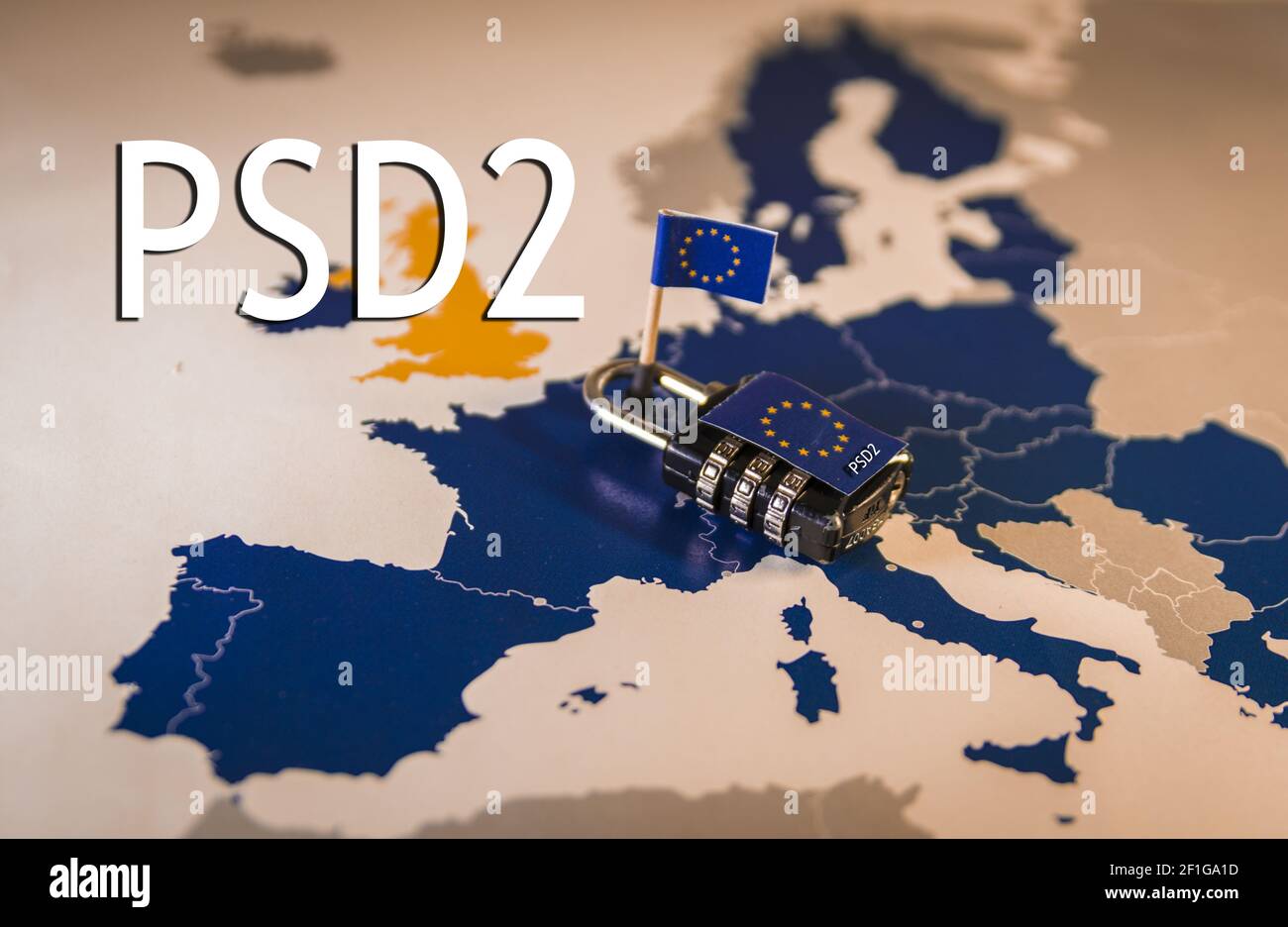 Candado sobre el mapa de la UE, metáfora PSD2 Foto de stock