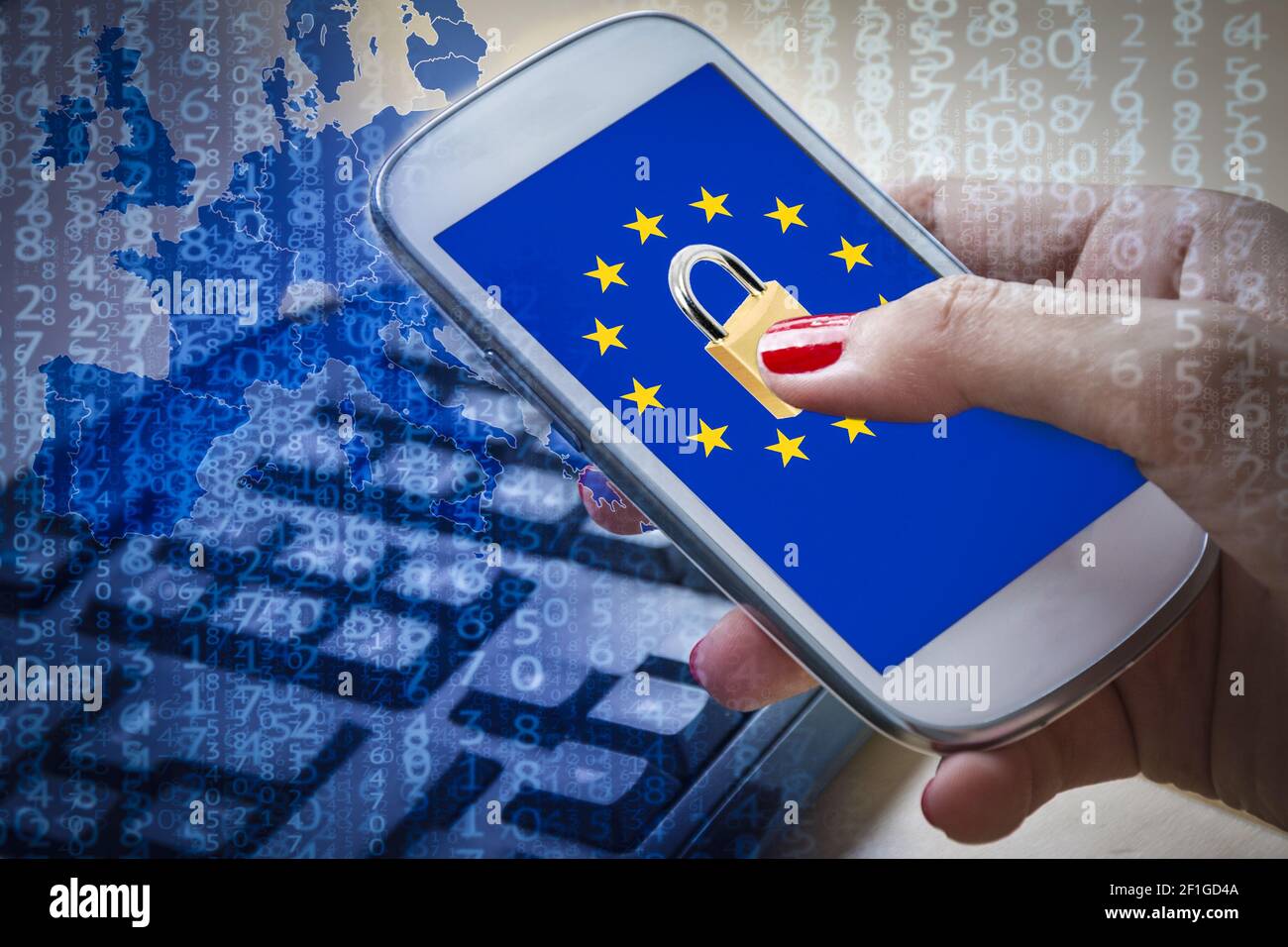 Candado y bandera de la UE en la pantalla del smartphone, metáfora GDPR Foto de stock
