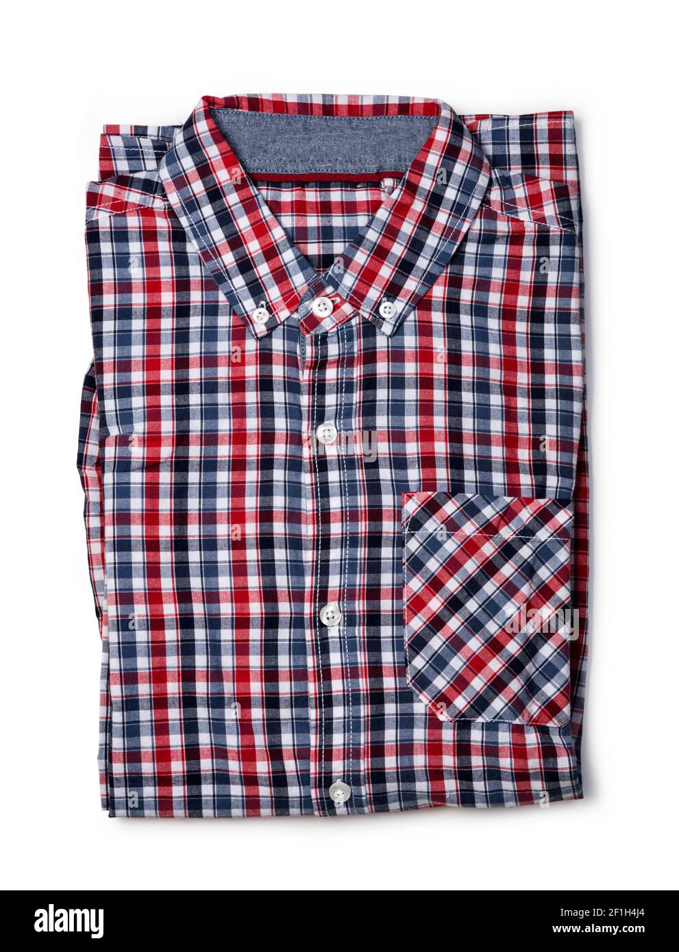 Vista superior de camisa de cuadros roja y azul doblada Fotograf a