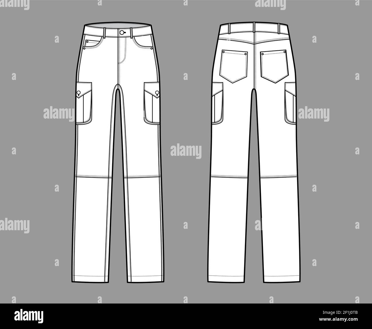 Conjunto de jeans cargo pantalones vaqueros ilustración técnica de moda con  cintura baja, talle, bolsillos, trabillas, largos. Ropa de fondo plano en  la parte delantera de la espalda, blanco, estilo de color.