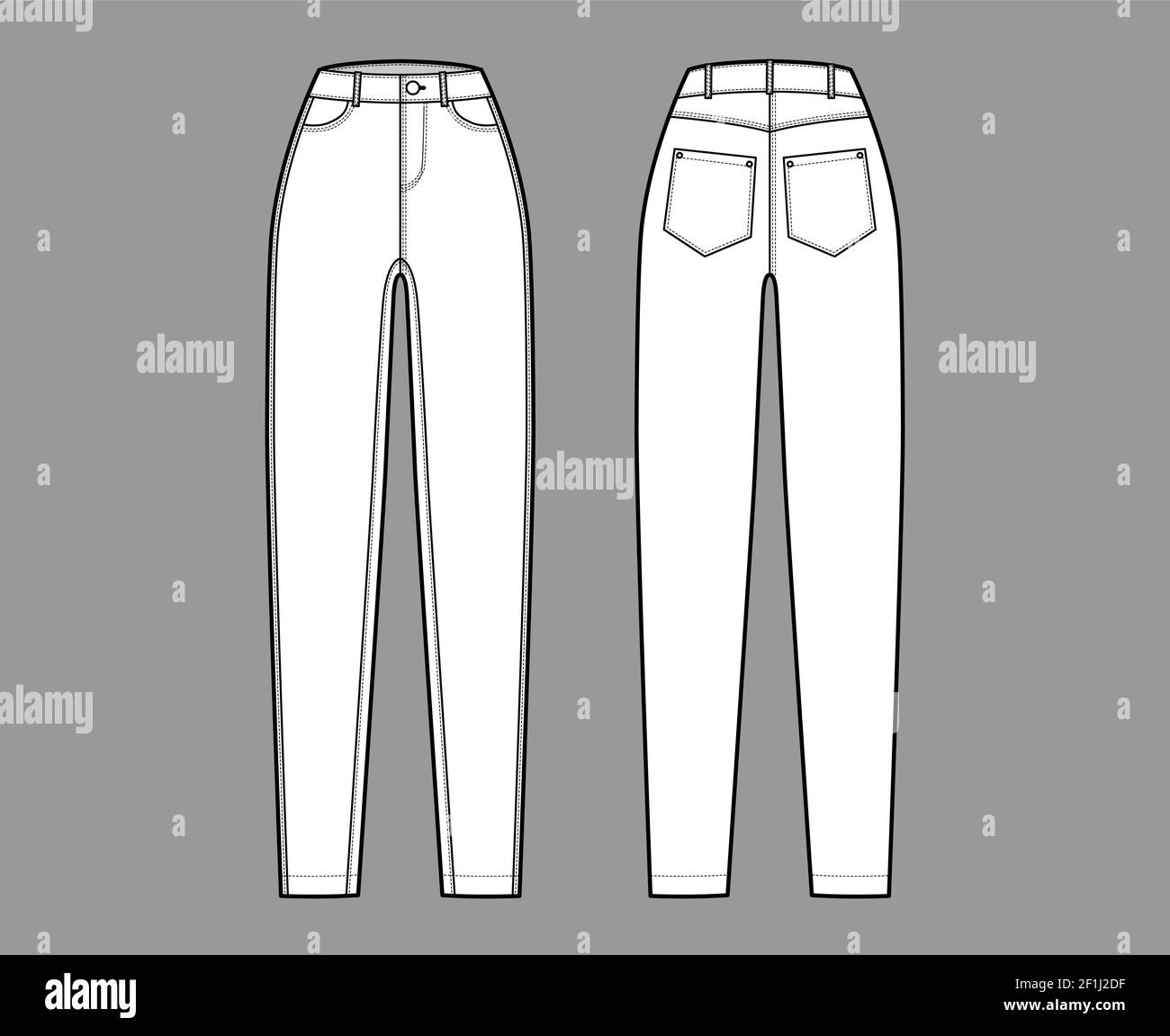 Jeans pantalones vaqueros cónicos ilustración técnica de moda con longitud  completa, cintura normal, talle alto, 5 bolsillos, remaches, trabillas.  Plantilla plana en la parte delantera de la espalda, estilo de color blanco.