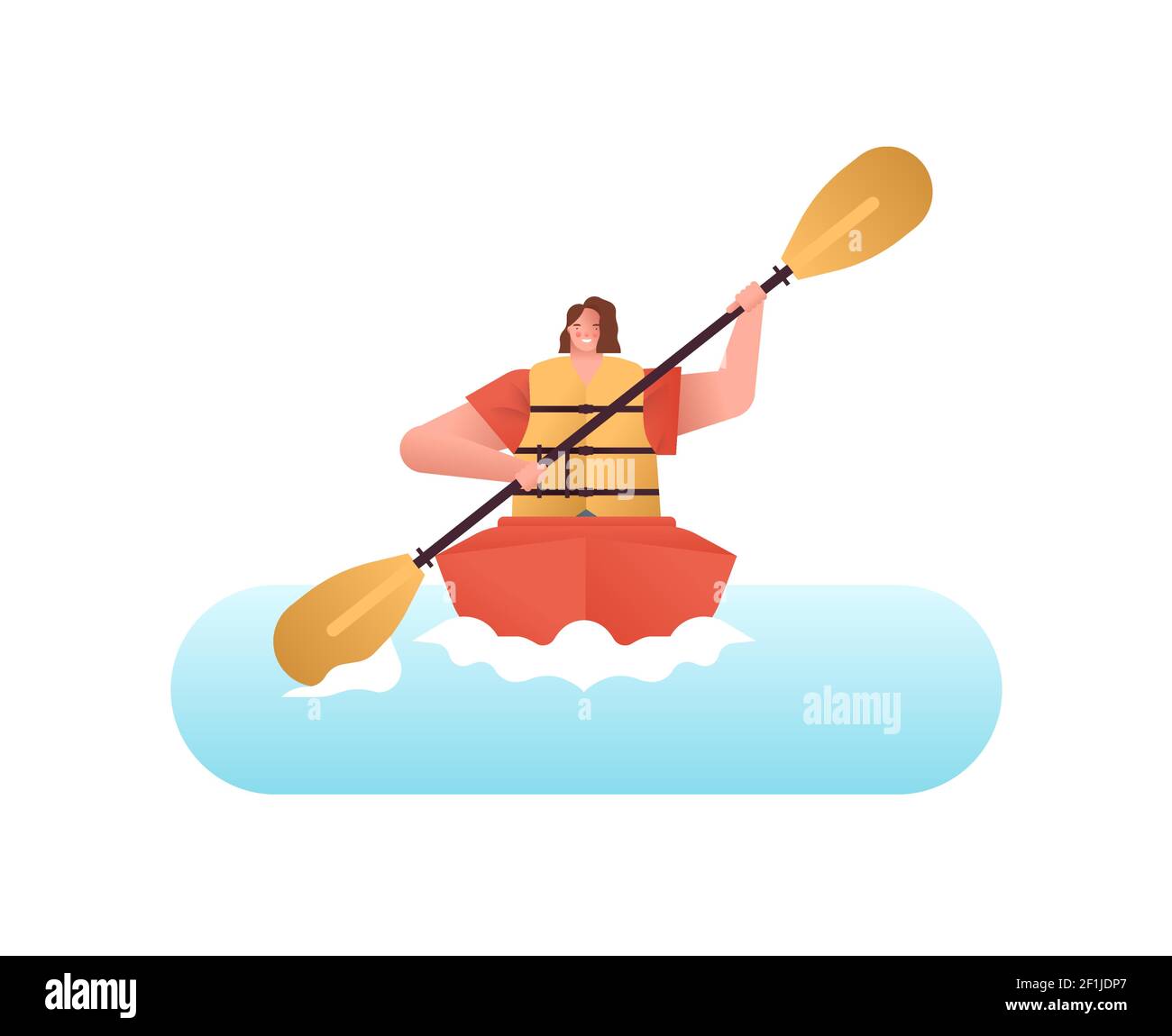 Mujer feliz en kayak barco sobre fondo blanco aislado. Chica haciendo deportes acuáticos extremos, vacaciones de verano o concepto ecológico. Ilustración del Vector