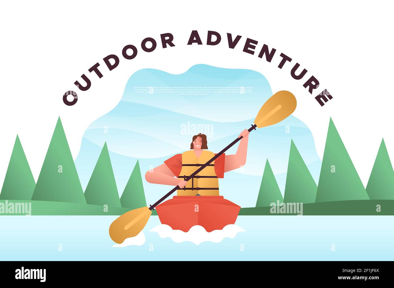 Mujer feliz en kayak barco, al aire libre plantilla de aventura de niña haciendo deportes acuáticos extremos en el paisaje de bosque natural. Vacaciones de verano o frien ecológico Ilustración del Vector
