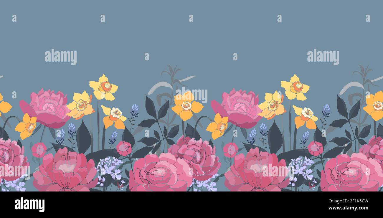 Vector floral sin costuras borde. Narcisos amarillos, peonías rosadas, lavanda. Jardín flores aisladas sobre fondo azul. Ilustración del Vector