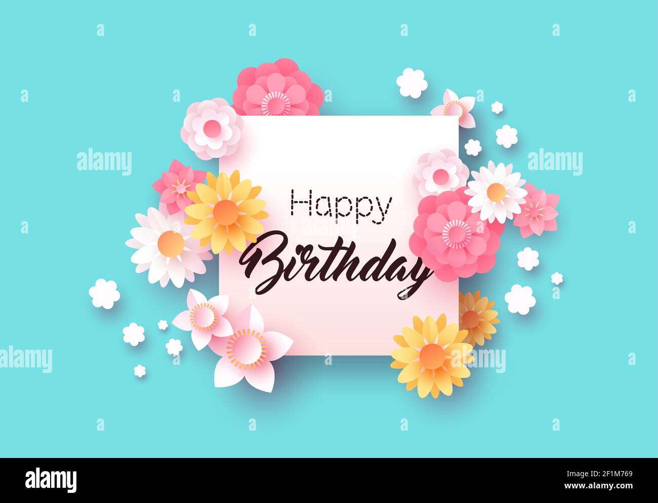 Feliz tarjeta de cumpleaños, plantilla floral rosa con marco blanco vacío.  Mujer día de nacimiento celebración fondo, hermoso papel corte flores para  la fiesta o ann Imagen Vector de stock - Alamy