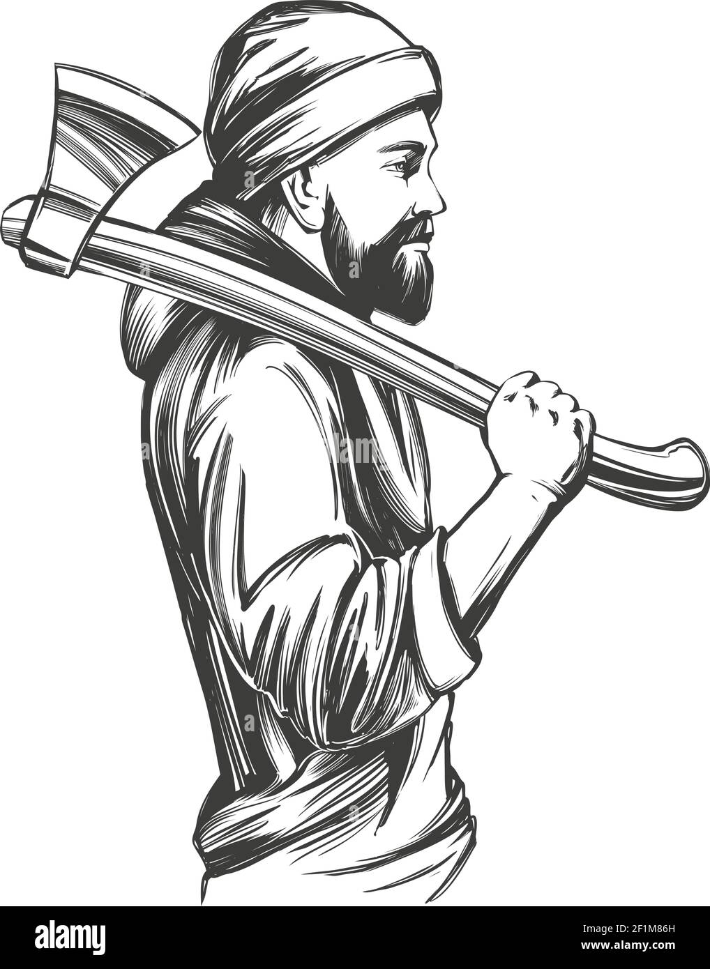 Un hombre con barba en una sudadera con capucha sostiene un hacha su hombro dibujó dibujo vectorial ilustración Ilustración del Vector