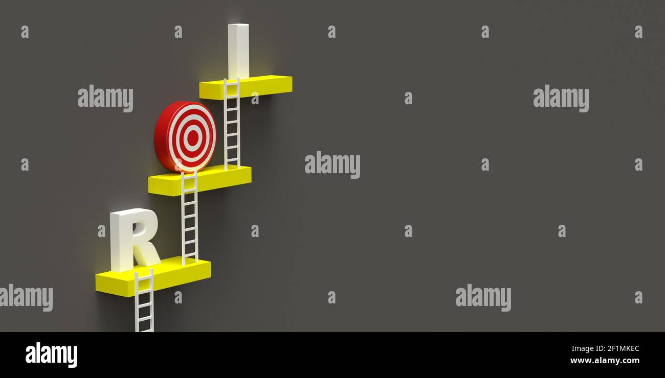 Sea diferente, eficiente concepto de escalera de escalada: 3D renderizado en 2021 colores gris y amarillo. Alcanzar metas. Objetivo de ROI. Retorno de la inversión Foto de stock