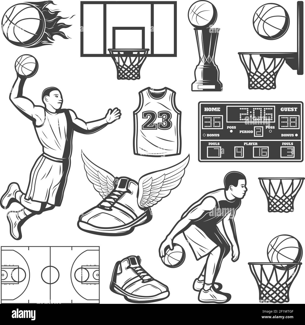 Elementos de baloncesto vintage con futbolistas juego de pelota premio  marcador zapatillas de lona y camisa aisladas ilustración vectorial Imagen  Vector de stock - Alamy