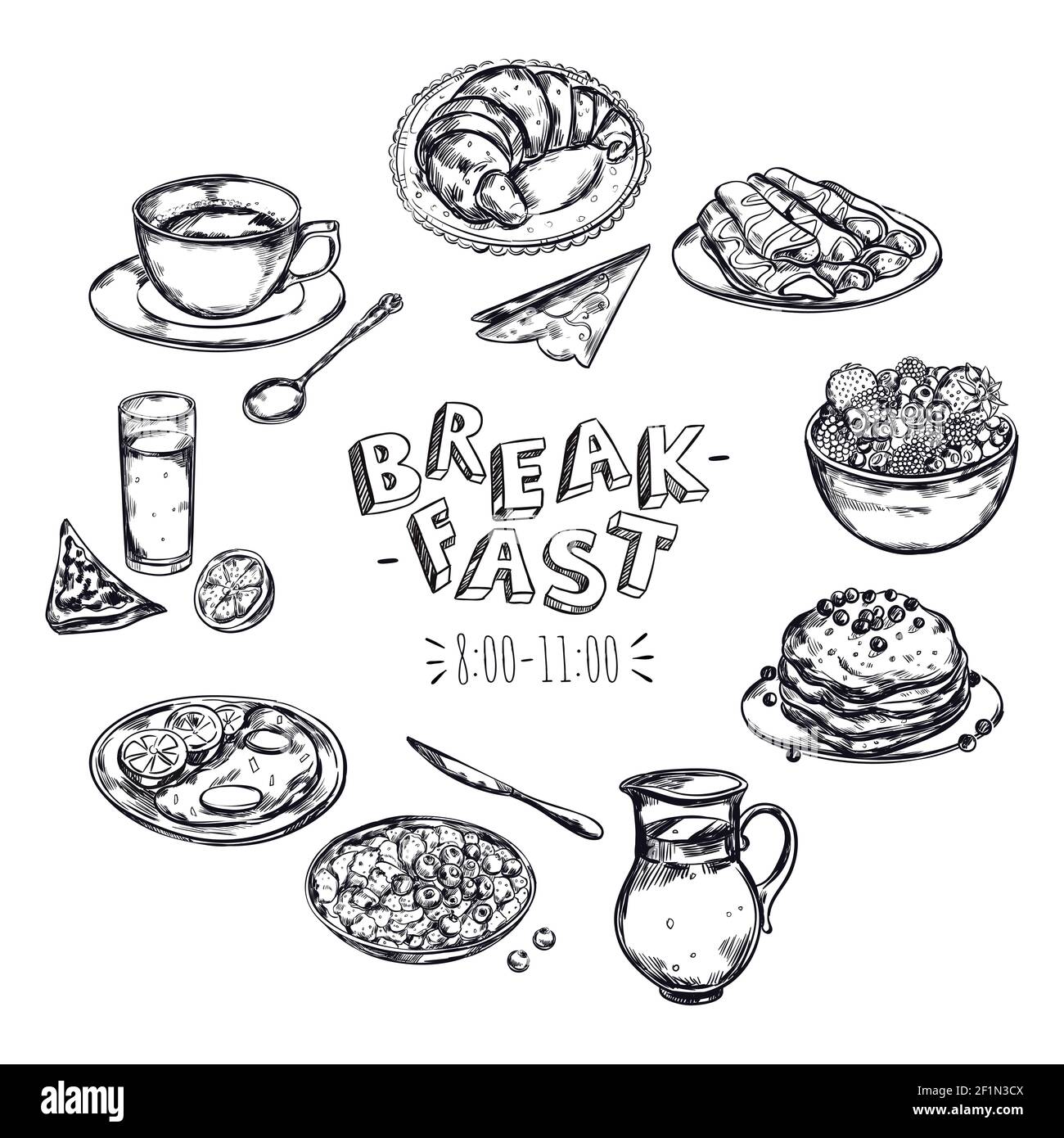 Comida desayuno menú volante con negro aislado icono con ilustración de  vector de comida y cubiertos Imagen Vector de stock - Alamy