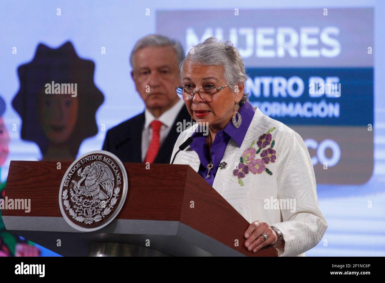 La Ministra del Interior de México, Olga Sánchez Cordero, en el marco del  día Internacional de la Mujer, destacó al Presidente de México, Andrés  Manuel López Obrador, en la conferencia diaria de