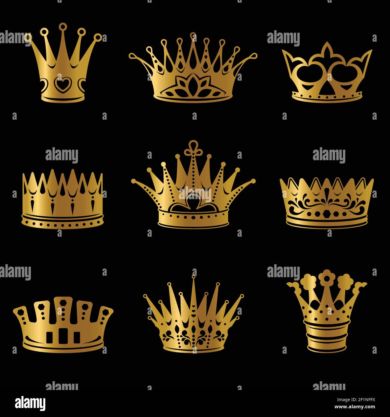 Colección de coronas reales medievales de oro de diferentes formas sobre  negro ilustración vectorial aislada de fondo Imagen Vector de stock - Alamy