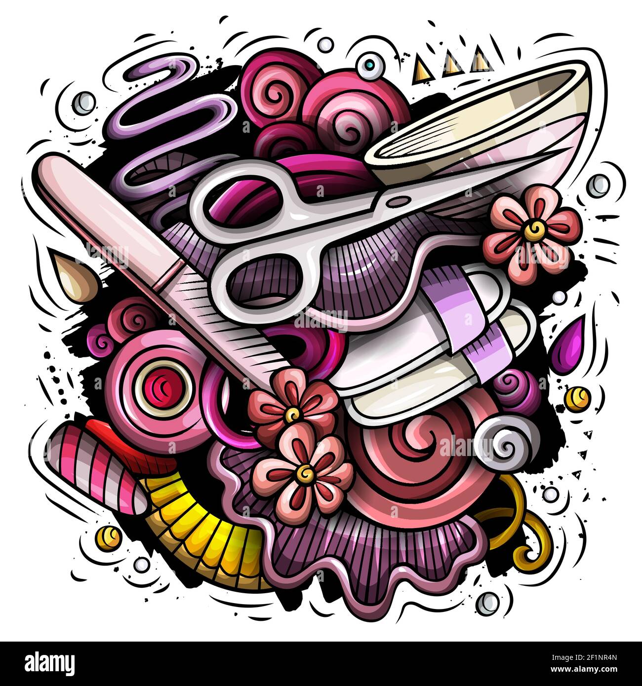 Salón de Manicura dibujo a mano de los fideos vectoriales ilustración.  Diseño de manicura. Elementos de belleza y objetos de dibujos animados de  fondo. Colores brillantes imagen divertida. Todo yo Imagen Vector