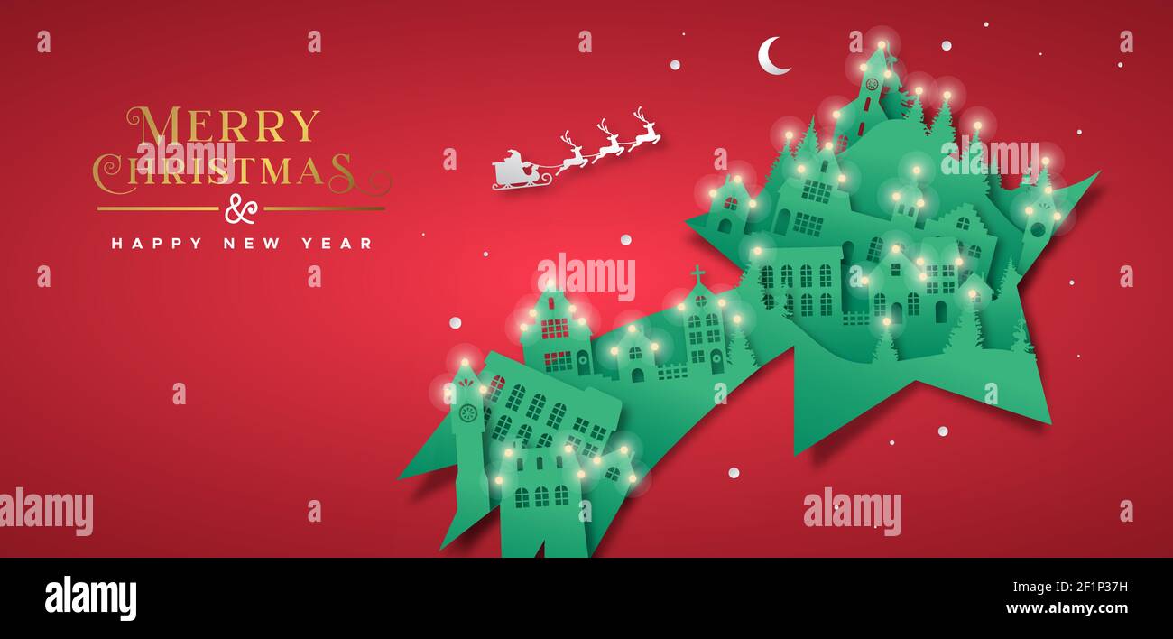 Feliz Navidad Feliz año Nuevo banner ilustración de la ciudad de invierno 3D en forma de estrella de tiro. Papel tallado realista recorte de artesanía con festivo Ilustración del Vector