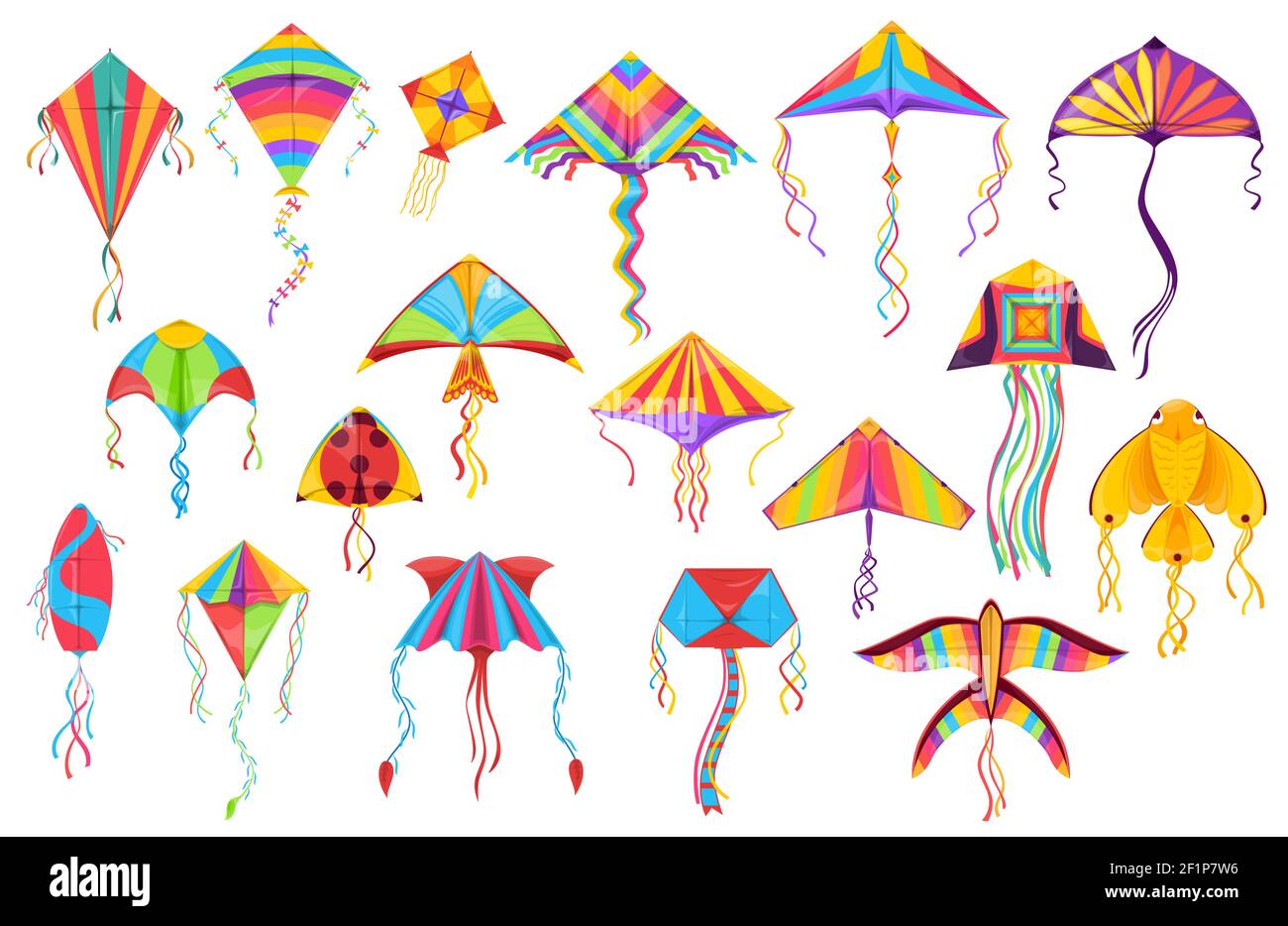 Juguetes de papel de cometa vector de dibujos animados de los juguetes de  viento voladores para los juegos de verano de los niños y la actividad al  aire libre. Cometas con coloridas