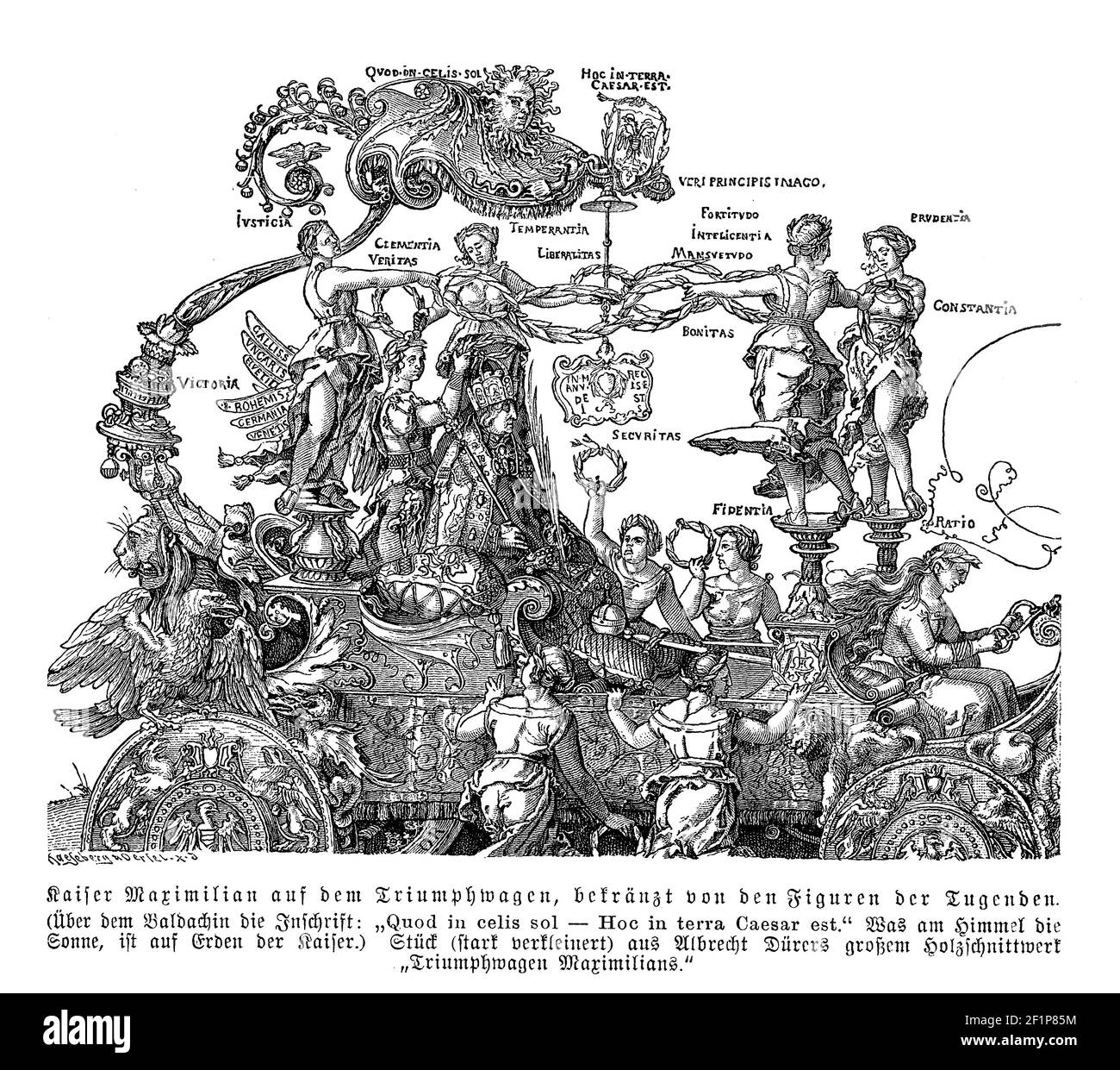 Maximiliano I, coronado emperador romano santo en el año del carro del triunfo 1508, grabado por Albrecht Duerer Foto de stock