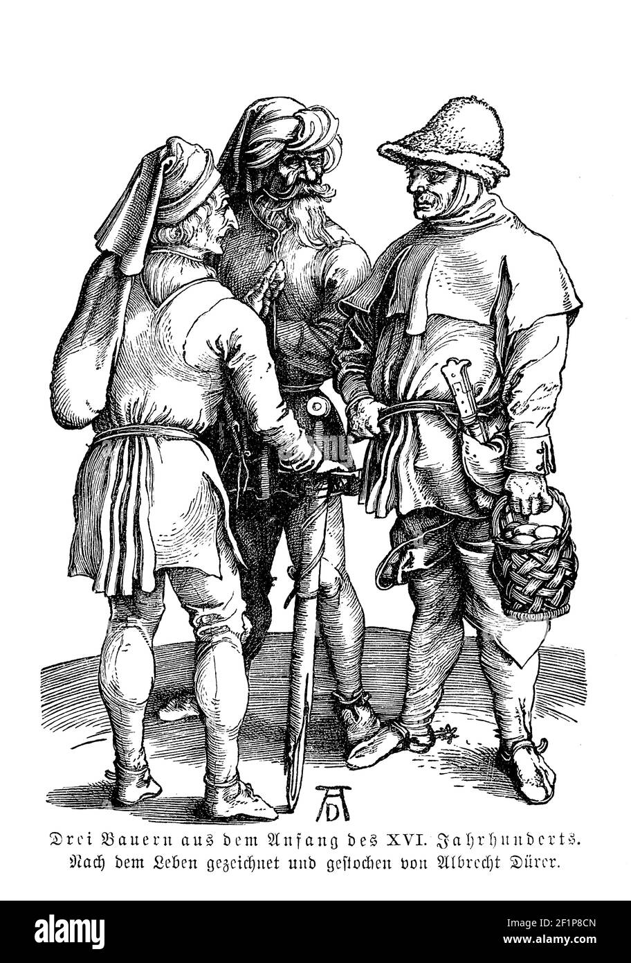 Tres campesinos en conversación, Renaissance Times, grabado por Albrecht Duerer 1497 Foto de stock
