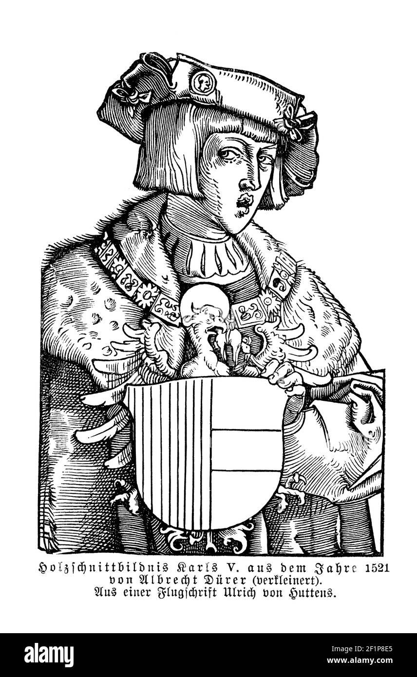 Caricatura del Santo Emperador Romano Carlos V en el año 1521, grabado por Albrecht Duerer para un folleto satírico de Ulrich von Hutten Foto de stock