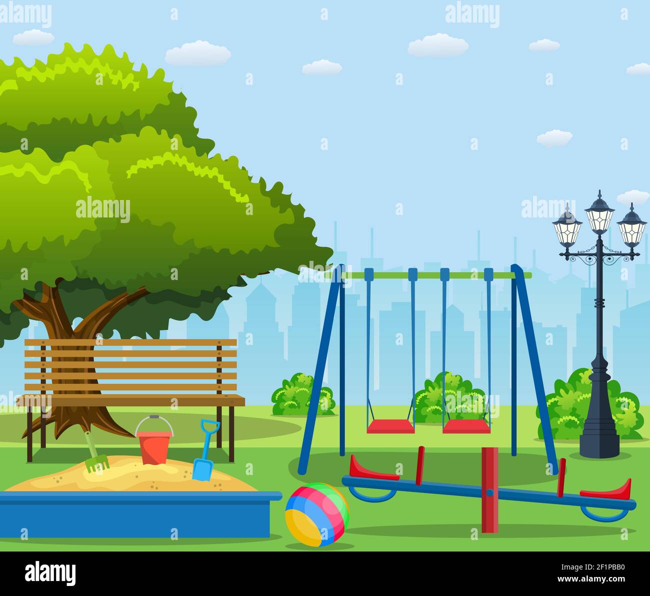 Parque infantil vector parque juego de dibujos animados ilustración. Área  de juegos exterior en el jardín de infantes para niños con columpio,  tobogán, banco y juego de iconos aislados de la diversión
