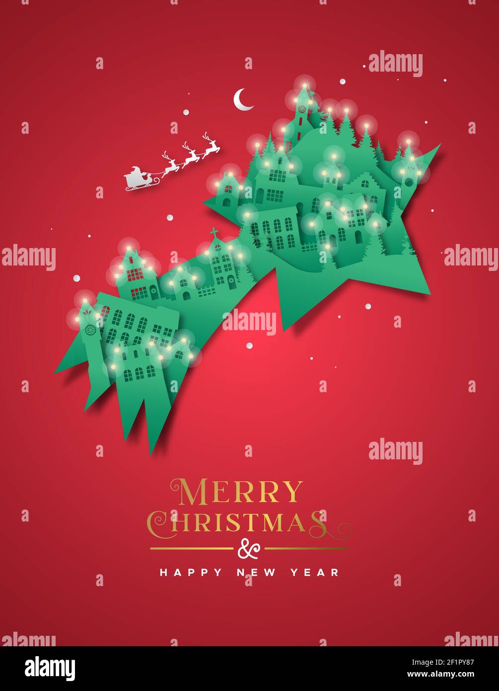 Feliz Navidad Feliz año Nuevo tarjeta de felicitación ilustración de la ciudad de invierno 3D corte en papel en forma de estrella fugaz. Papel tallado realista recorte de artesanía con Ilustración del Vector
