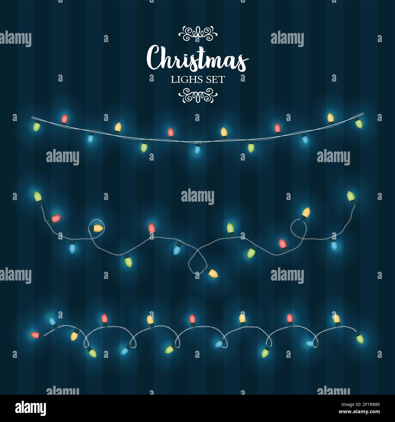Conjunto de luces navideñas, cordón brillante de bombilla para Navidad navideño diseño de temporada. Colección de decoración tradicional de guirnalda. Ilustración del Vector
