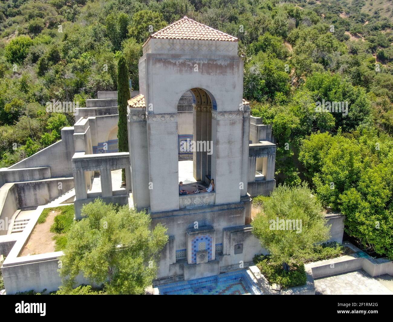 Vista aérea del monumento conmemorativo de Wrigley y el jardín botánico de Santa Claus Isla Catalina Foto de stock