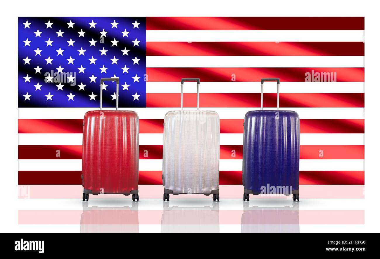 Maletas de viaje contra el fondo de la bandera de EE.UU. Concepto de viaje  y vacaciones en Estados Unidos Fotografía de stock - Alamy