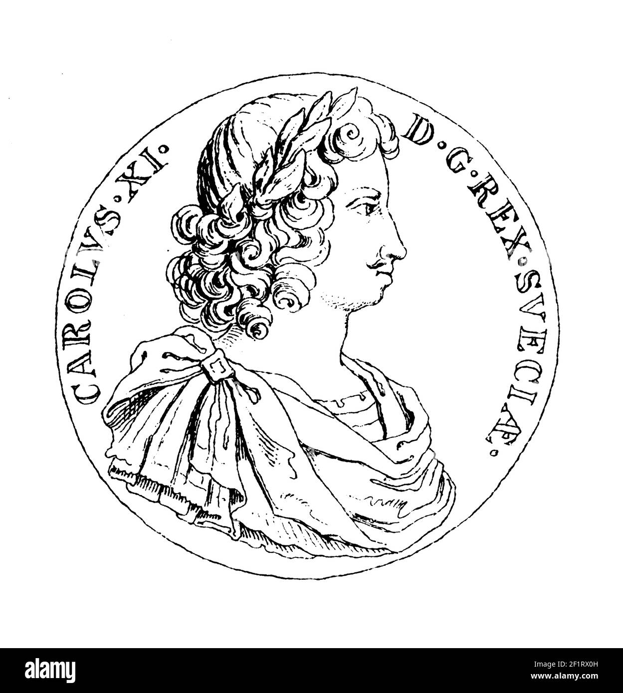 Grabado del siglo 19th de un retrato de Carlos XI, Rey de Suecia. Nació el 24 de noviembre de 1655 en Estocolmo, Suecia y murió el 5 de abril de 1697 in Foto de stock