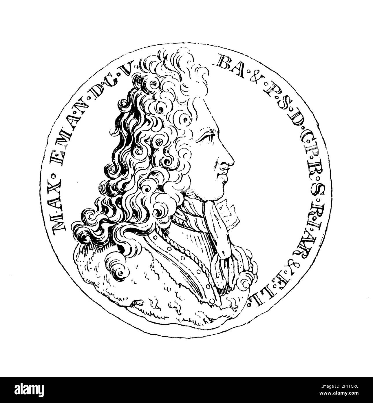 Ilustración antigua de un retrato de Maximiliano II, gobernante de Baviera y elector del Sacro Imperio Romano. Nacido el 11 de julio de 1662 en Munich, Alemania, Foto de stock