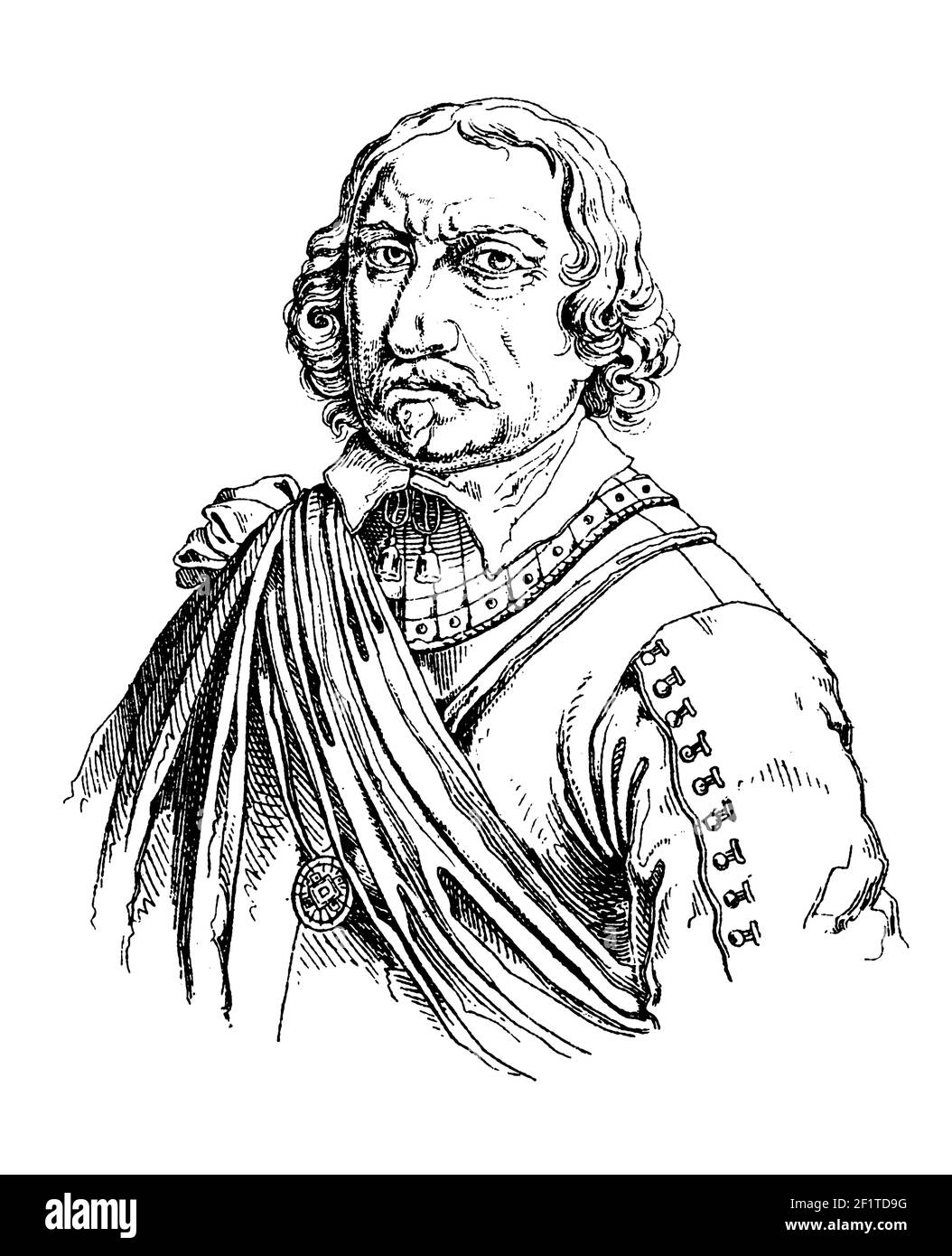 Ilustración antigua de un retrato de Oliver Cromwell, líder militar y político inglés. Cromwell nació el 25 de abril de 1599 [os] en Huntington, Foto de stock