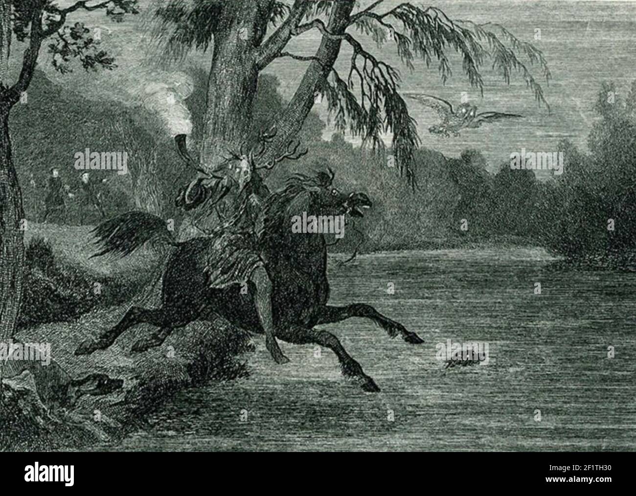 HERNE EL FANTASMA del folklore inglés HUNTER que acecha el bosque de Windsor con sus hounds y un búho. Grabado alrededor de 1843 por George Cruikshank sho9ws Herne siendo observado por el duque de Richmond y el conde de Surrey. Foto de stock