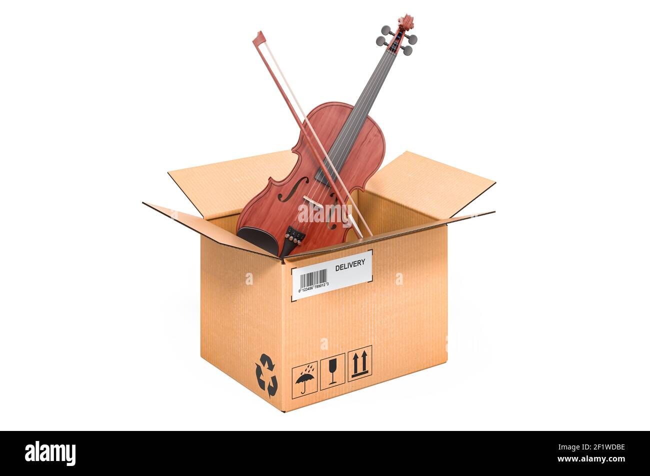 Violín y arco dentro de la caja de cartón, concepto de entrega. 3D  representación aislada sobre fondo blanco Fotografía de stock - Alamy