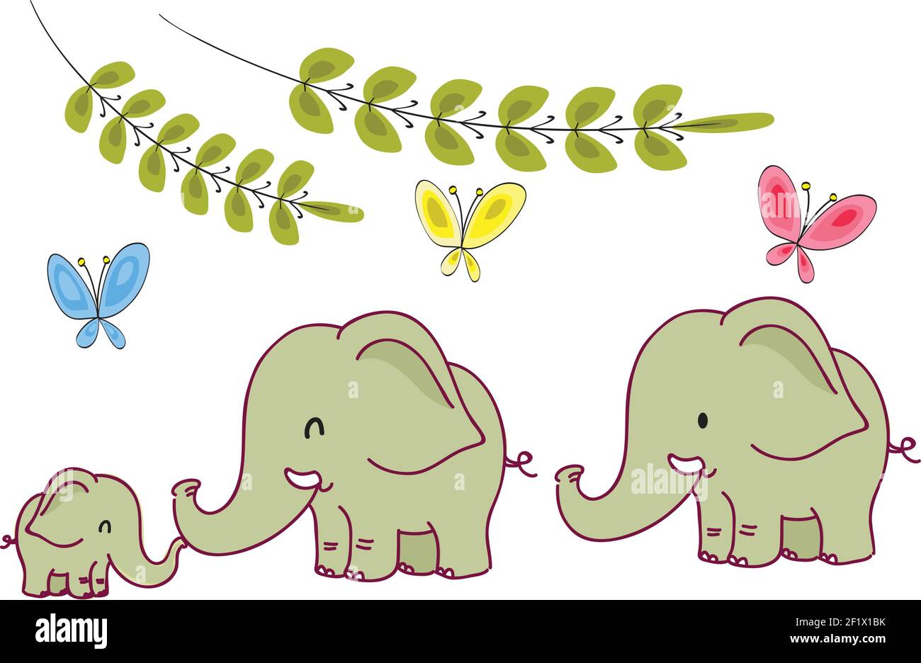 Familia De Elefantes De Dibujos Animados Vectoriales Con Hoja Y