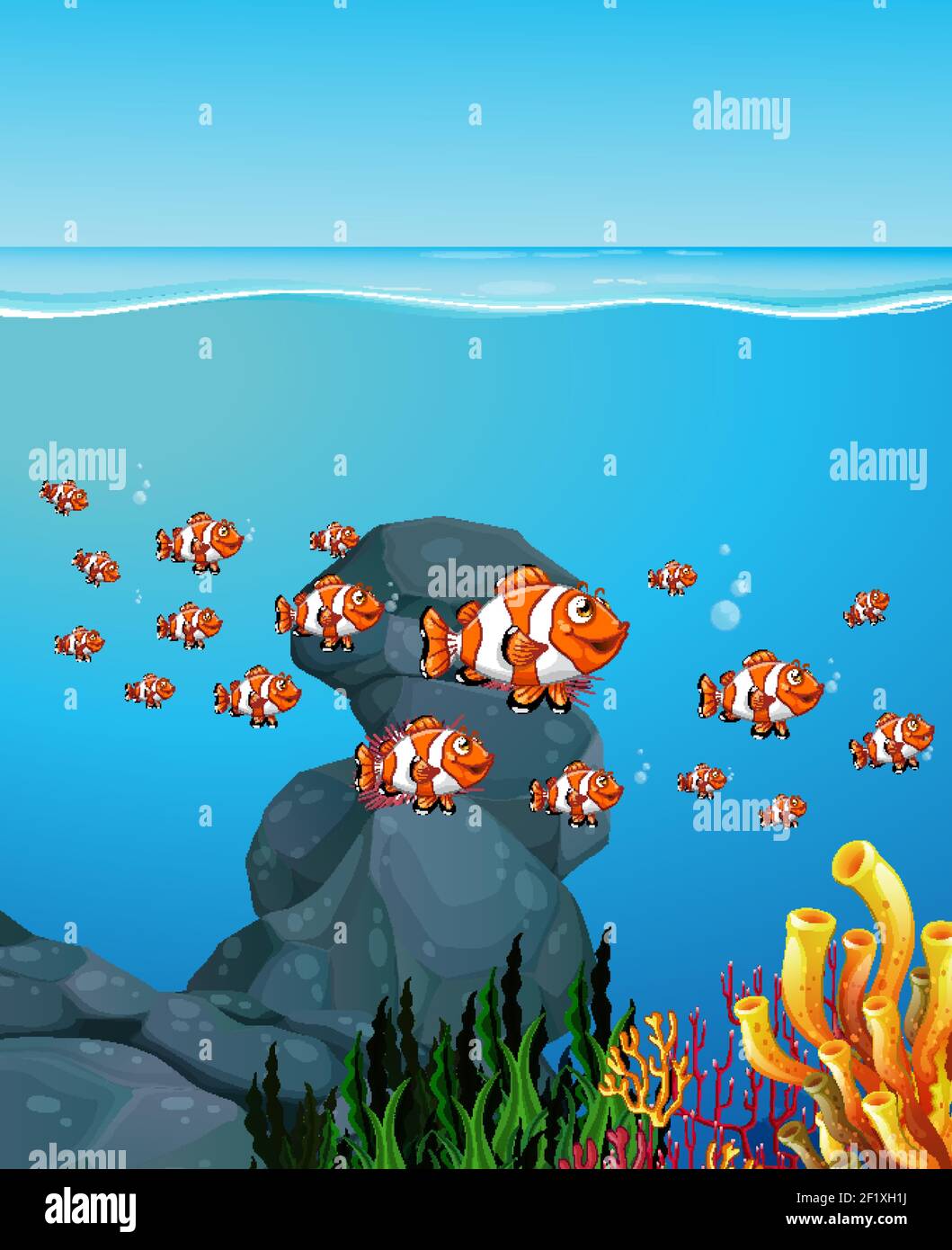 Muchos peces exóticos personaje de dibujos animados en el fondo subacuático  ilustración Imagen Vector de stock - Alamy