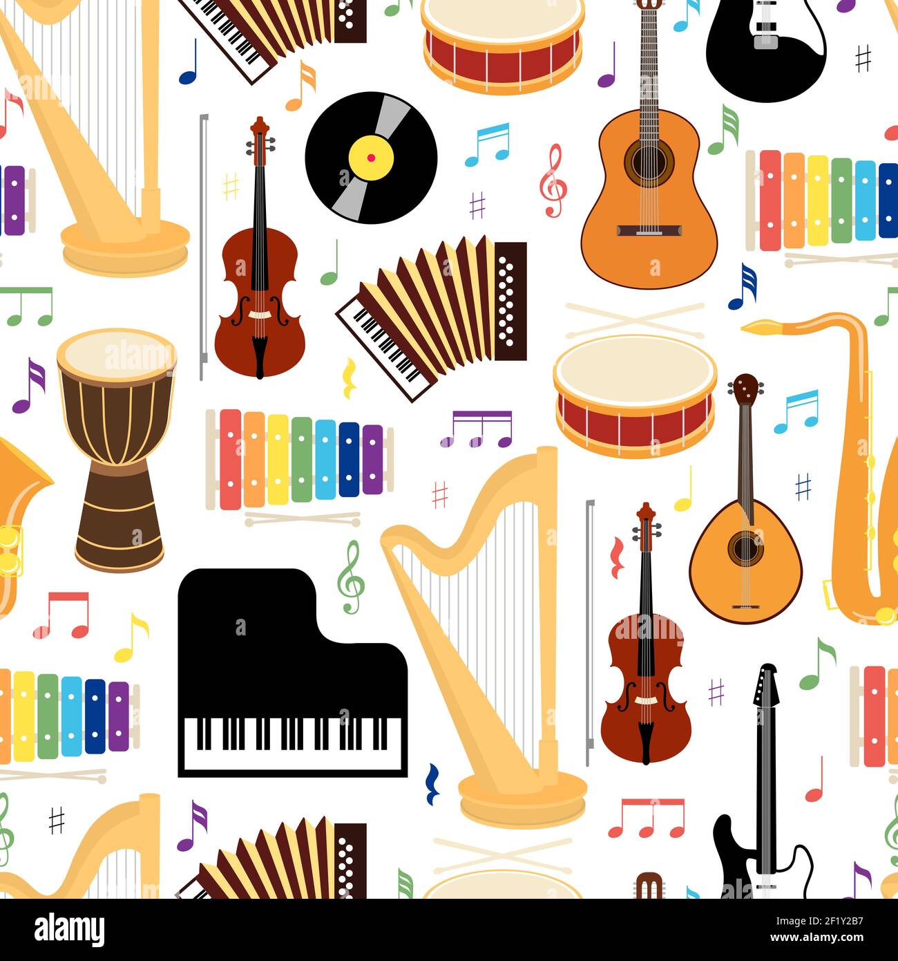 Instrumentos musicales patrón de fondo sin costuras con iconos vectoriales  de colores que representan batería mandolina guitarra teclado arpa saxofón  xilófono vin Imagen Vector de stock - Alamy