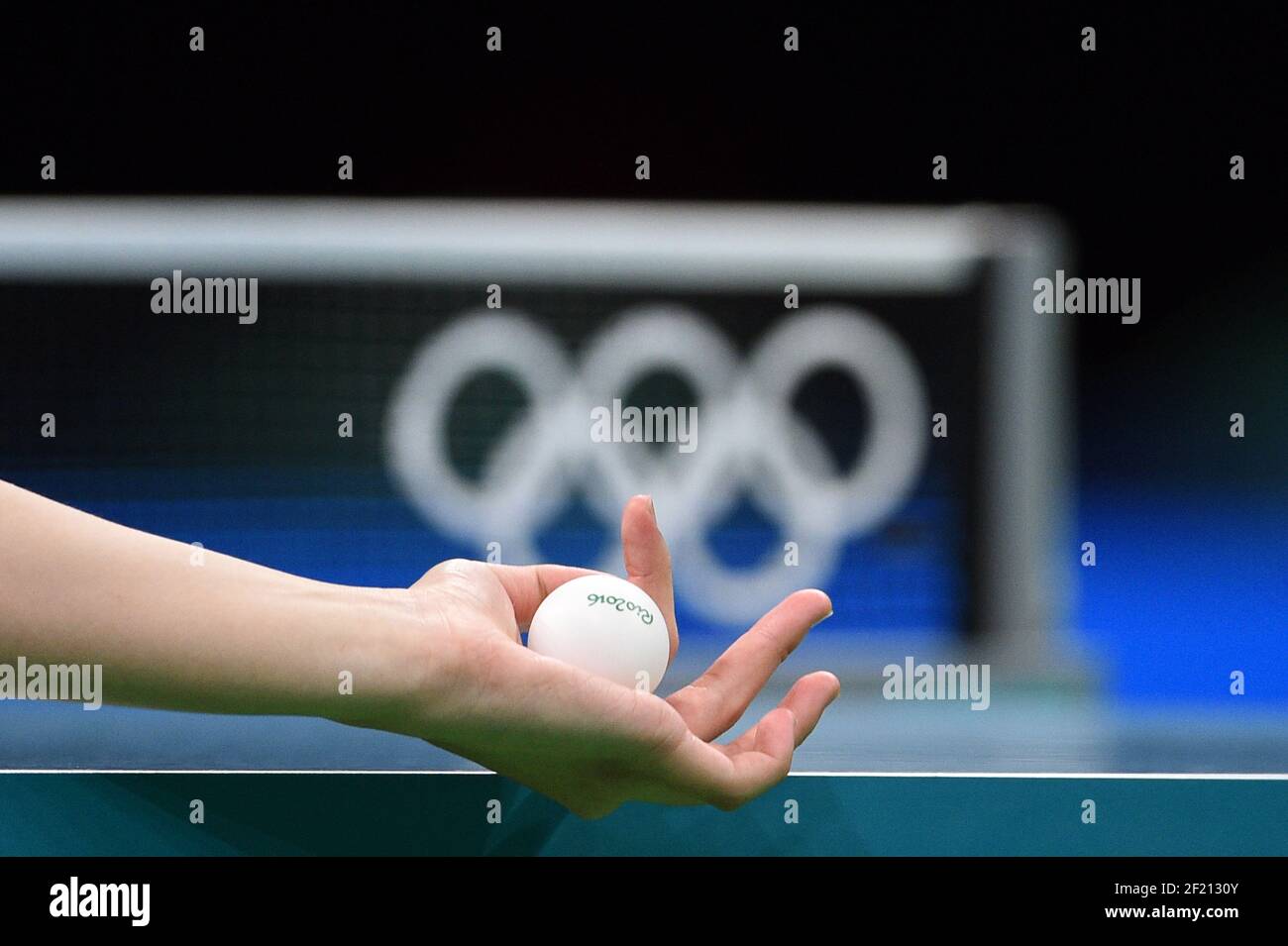 Ilustración de los anillos olímpicos durante los Juegos Olímpicos RÍO 2016,  Tenis de Mesa, el 7 de agosto de 2016, en Río, Brasil - Foto Philippe  Millereau / KMSP / DPPI Fotografía de stock - Alamy