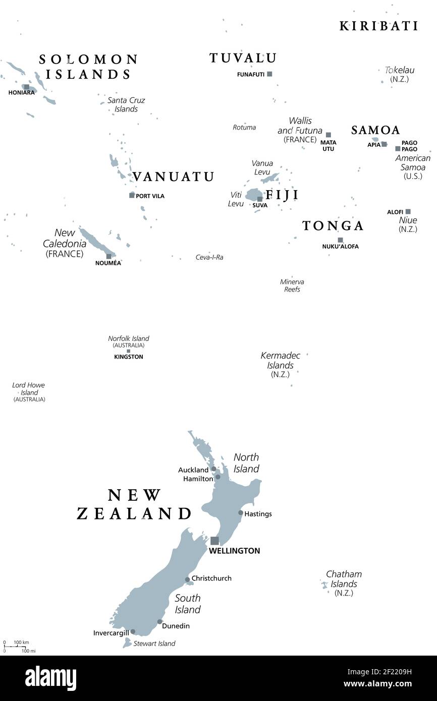 Nueva Zelanda y el sur de Polinesia, mapa político gris con capitales. Vanuatu, Fiji, Tonga, Samoa y Nueva Caledonia. Foto de stock