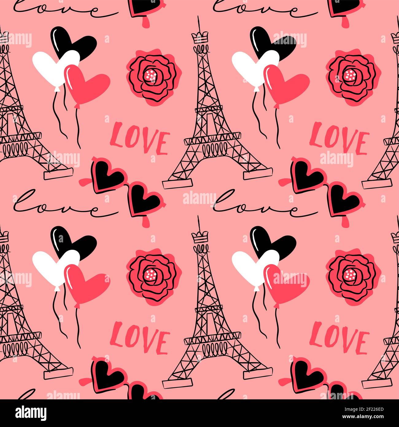 Dibujo animado del día de San Valentín francés sin costuras. Torre de París con flores y regalos, fondo de decoración dibujado a mano para la impresión de vacaciones o concepto de amor Ilustración del Vector