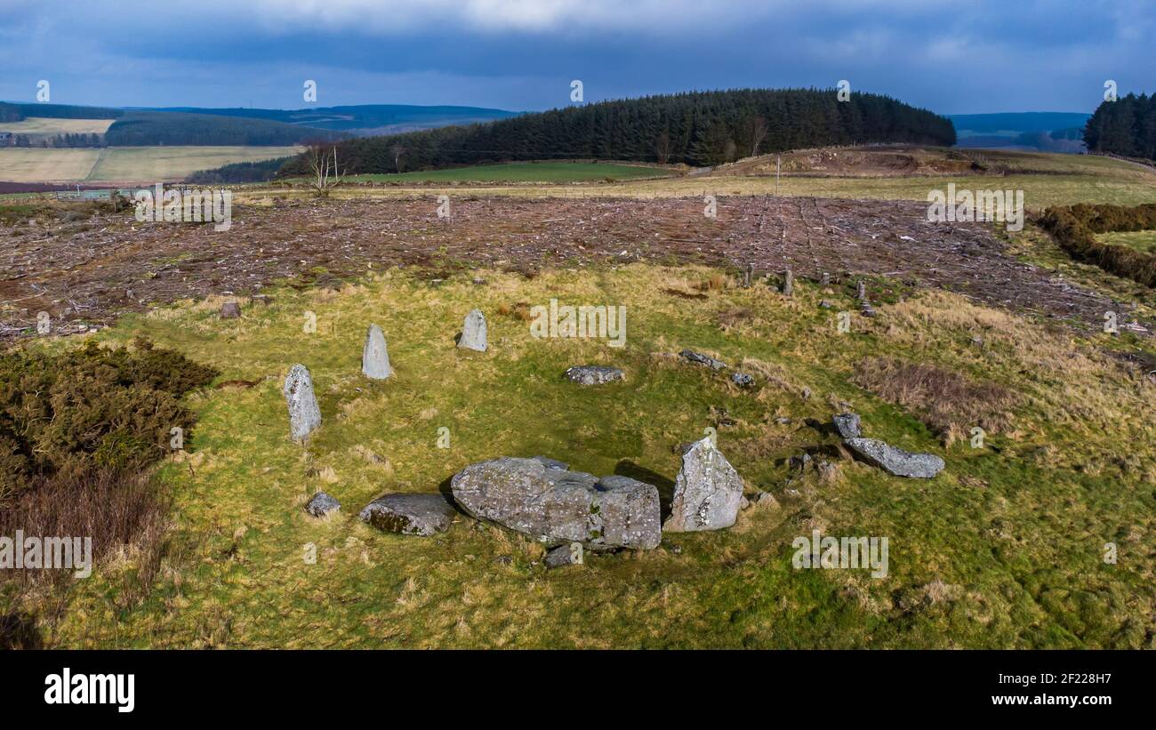 El Aikey Brae recumbent Standing Stone Circle cerca de Stuartfield y Old Deer en Aberdeenshire, Escocia Foto de stock