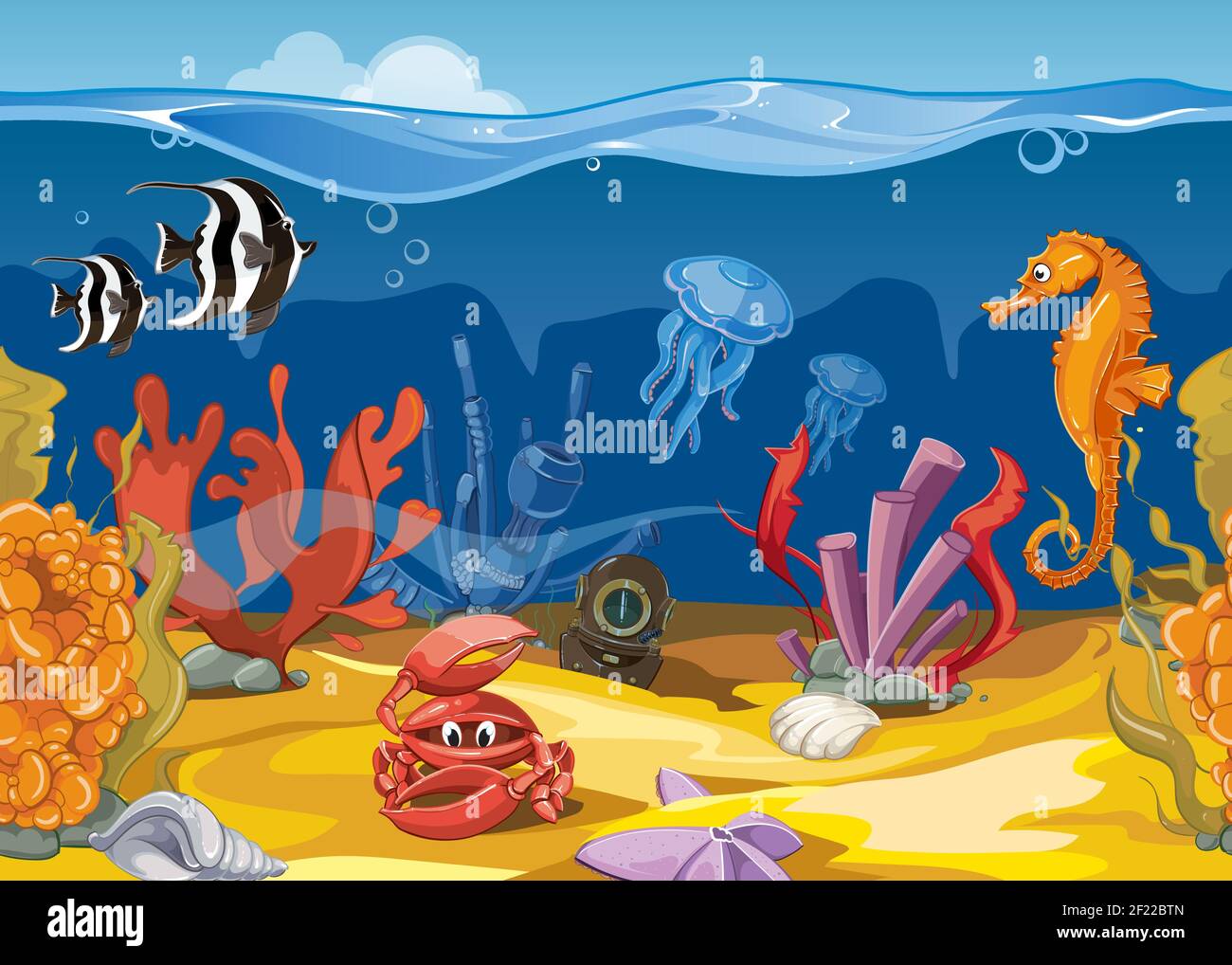 Paisaje submarino sin costuras en estilo de dibujos animados. Océano y mar,  peces y corales. Ilustración vectorial Imagen Vector de stock - Alamy