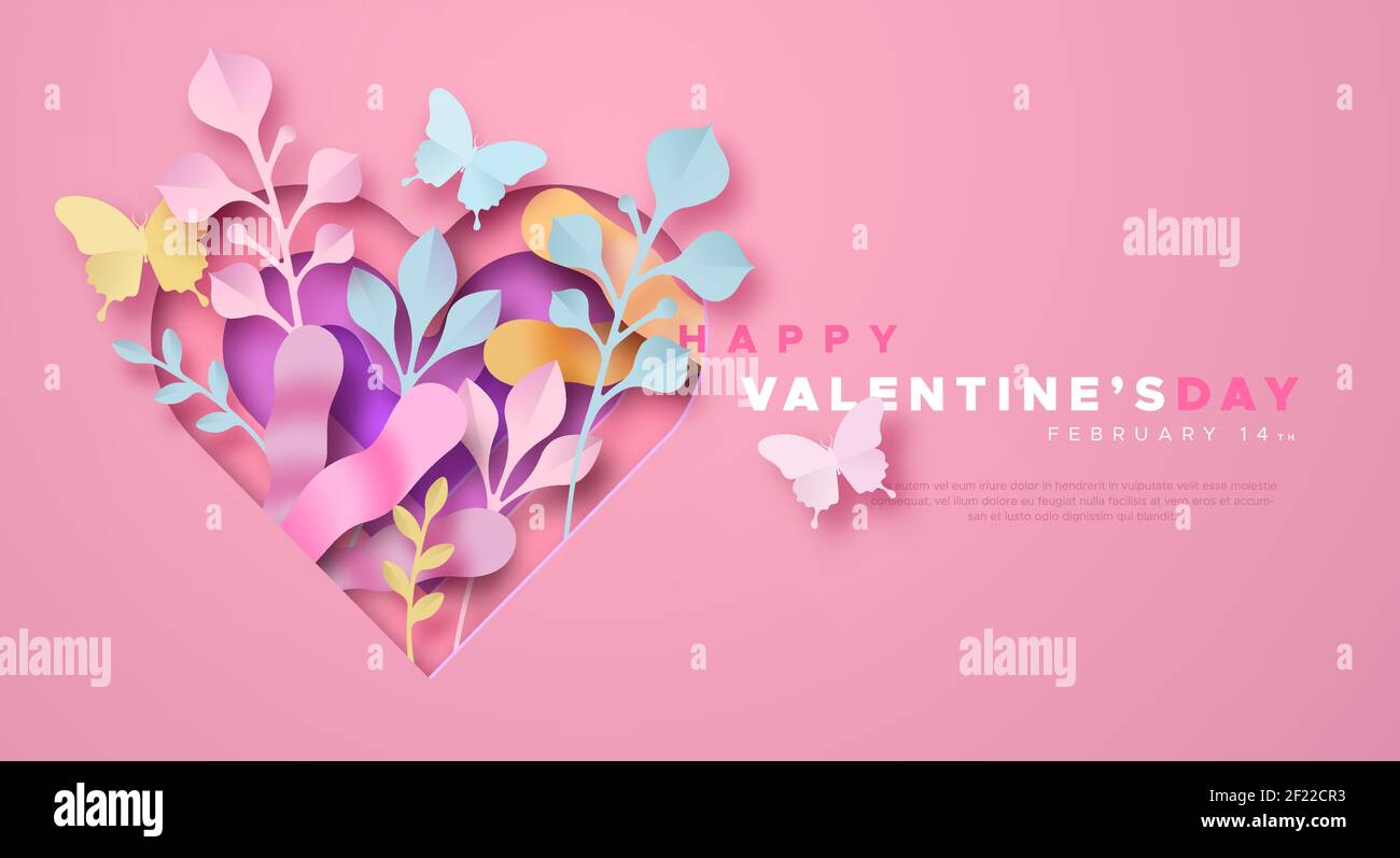 Feliz día de San Valentín tarjeta de felicitación ilustración de plantilla en 3D estilo de corte de papel. Papel rosa artesano corazón, la hoja de la planta de la naturaleza y la mariposa. Fiesta romántica Ilustración del Vector