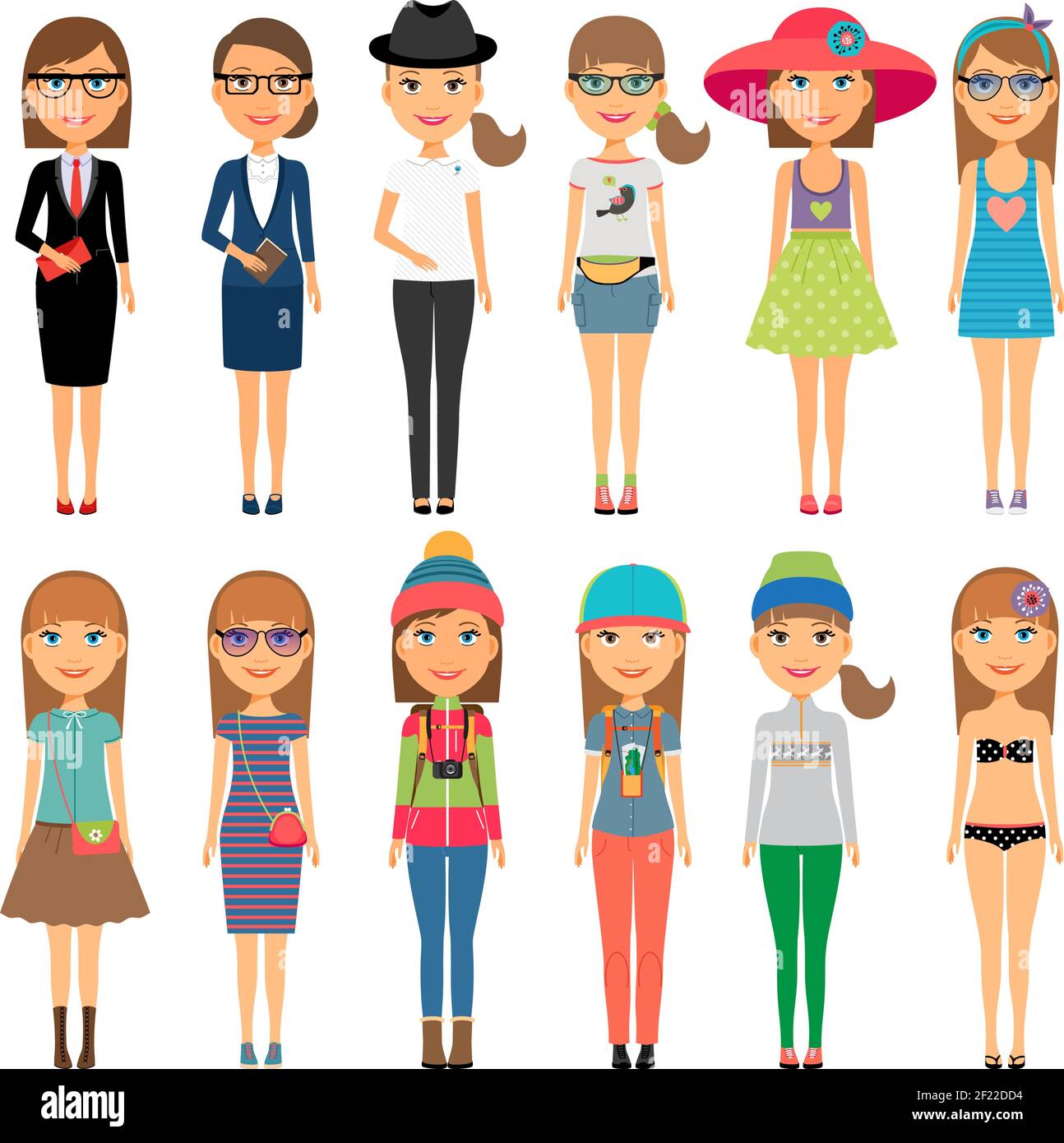 Chica vestida con una variedad de trajes diferentes. Cutie dibujos animados  niñas de moda en ropa de colores. Ilustración vectorial Imagen Vector de  stock - Alamy